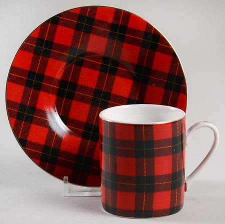 Red Plaid Flat Demitasse Cup & Saucer Set