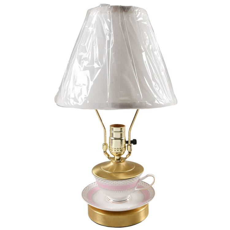 Pin Dots Pink 12 5/8" Handcrafted Lamp Made From Cup/Saucer HC