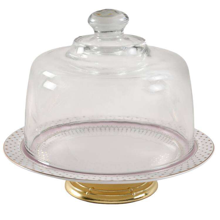 Pin Dots Pink 6 1/2"-7 1/2" Footed Cheese Plate w/ Glass Dome HC