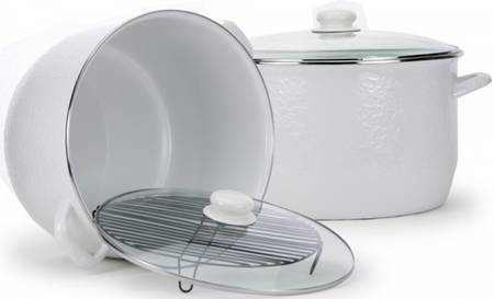 White on White Enamelware 18 Qt Stockpot & Glass Lid with Metal Rack
