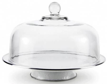 White on White Enamelware 12" Diameter Pedestal Cake Stand & Glass Dome