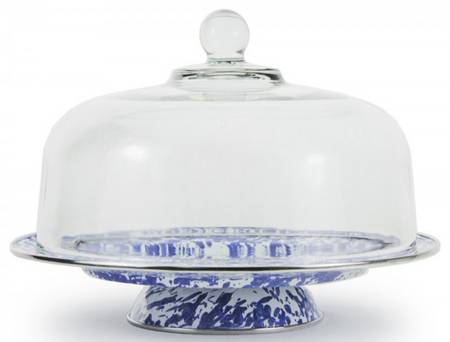 Cobalt Swirl Enamelware 12" Diameter Pedestal Cake Stand & Glass Dome