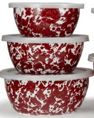 Red Swirl Enamelware (3 Piece) Nesting Bowl Set (5", 6", 7")
