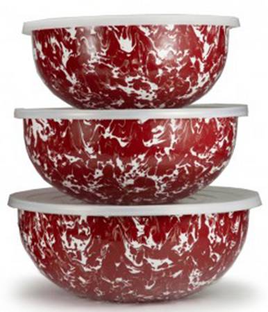 Red Swirl Enamelware Mixing Bowl Set (MB10, MB9, MB8)