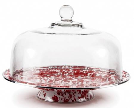Red Swirl Enamelware 12" Diameter Pedestal Cake Stand & Glass Dome