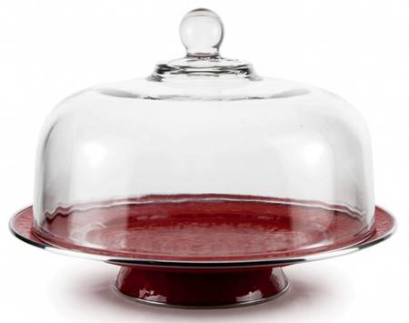 Red on Red Enamelware 12" Diameter Pedestal Cake Stand & Glass Dome