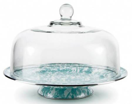 Sea Glass Enamelware 12" Diameter Pedestal Cake Stand & Glass Dome