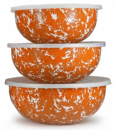 Orange Swirl Enamelware Mixing Bowl Set (MB10, MB9, MB8)