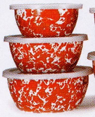 Orange Swirl Enamelware (3 Piece) Nesting Bowl Set (5", 6", 7")