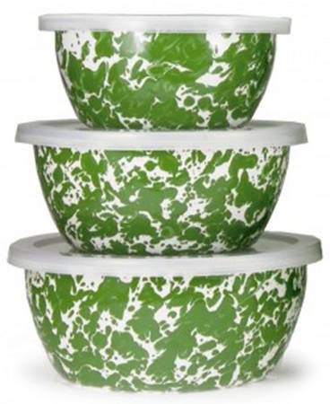 Green Swirl Enamelware (3 Piece) Nesting Bowl Set (5", 6", 7")