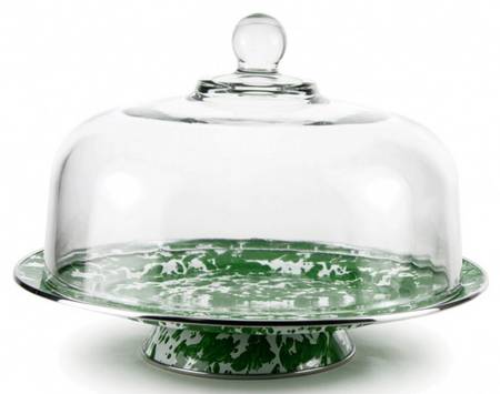 Green Swirl Enamelware 12" Diameter Pedestal Cake Stand & Glass Dome