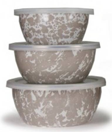 Taupe Swirl Enamelware (3 Piece) Nesting Bowl Set (5", 6", 7")
