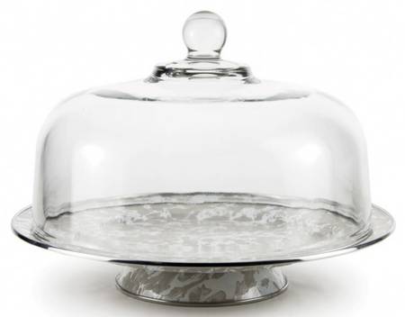 Taupe Swirl Enamelware 12" Diameter Pedestal Cake Stand & Glass Dome