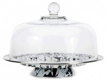 Black Swirl Enamelware 12" Diameter Pedestal Cake Stand & Glass Dome