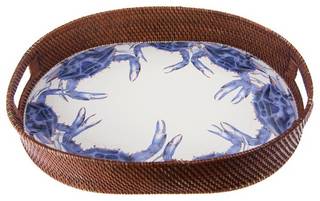 Blue Crab Enamelware 18" Oval Rattan Serving Tray