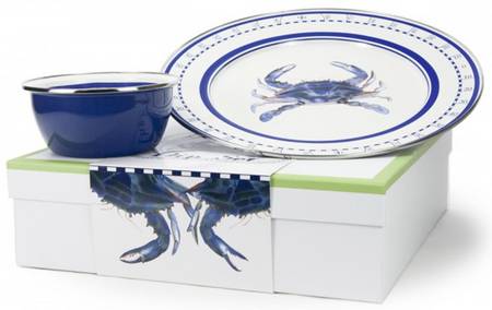 Blue Crab Enamelware (2 Piece) Chip & Dip Set(Charger & Salad Bowl)