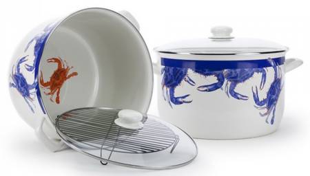 Blue Crab Enamelware 18 Qt Stockpot & Glass Lid with Metal Rack