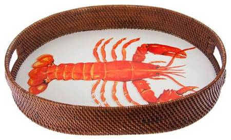 Lobster Enamelware 18" Oval Rattan Serving Tray
