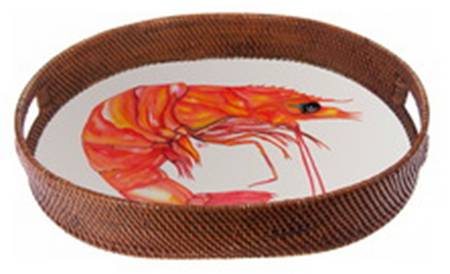 Shrimp Enamelware 18" Oval Rattan Serving Tray