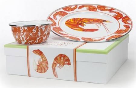 Shrimp Enamelware (2 Piece) Chip & Dip Set(Charger & Salad Bowl)