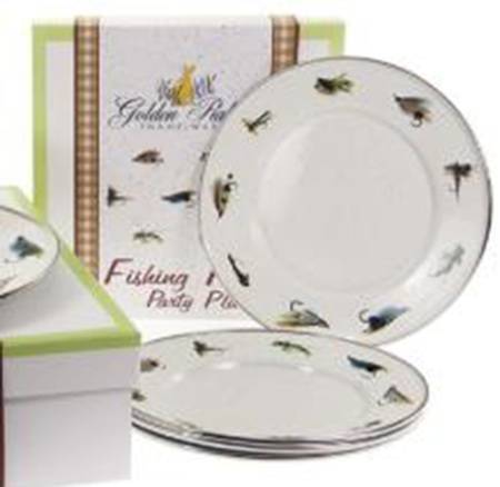 Fishing Fly Enamelware Individual Sandwich/Party Plate - Set of 4