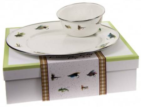 Fishing Fly Enamelware (2 Piece) Chip & Dip Set(Charger & Salad Bowl)