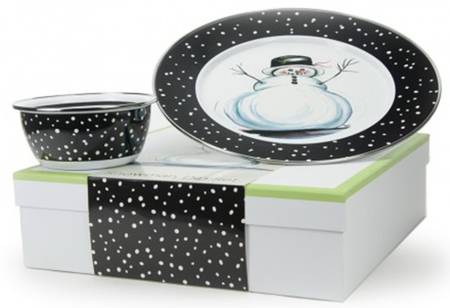 Snowman Enamelware (2 Piece) Chip & Dip Set(Charger & Salad Bowl)
