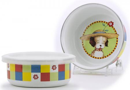 Puppy Enamelware Childs Bowl & Plastic Lid