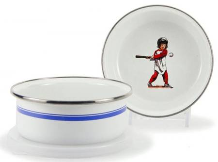 Baseball Boys Enamelware Childs Bowl & Plastic Lid