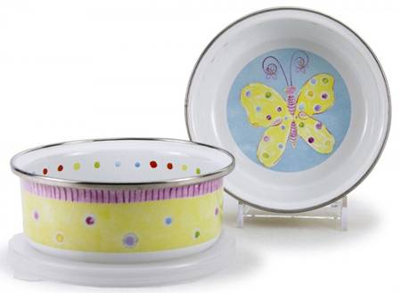 Fluttering Enamelware Childs Bowl & Plastic Lid
