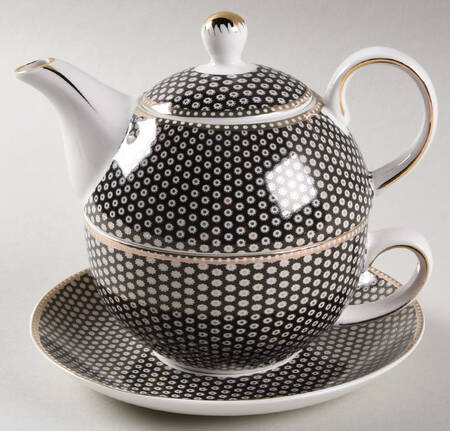 Black Gold Dots Tea for One (Stacking Teapot w/Cup & Saucer)