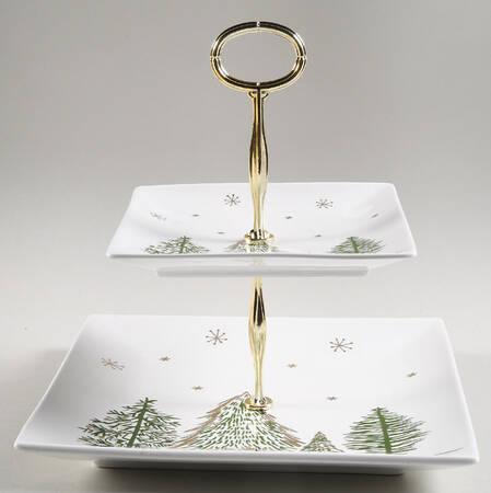 Green Gold Trees 6 5/8"-10"  2 Tiered Serving Tray (Dp, Sp) HC