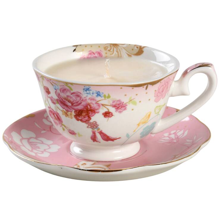 Pink Rose Dots Scented Cup & Saucer Candle-Lavender  HC