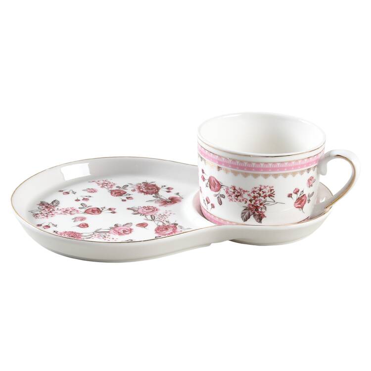 Pink Rose (Pink Band) Snack Plate & Cup Set