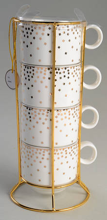 Gold Square Confetti Stackable Mug - Set of 4 & Metal Holder