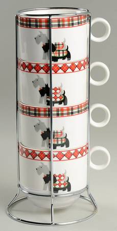 Scotty Dog Argyle Stackable Mug - Set of 4 & Metal Holder