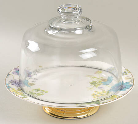 Blue Wild Floral 6 1/2"-7 1/2" Footed Cheese Plate w/ Glass Dome HC