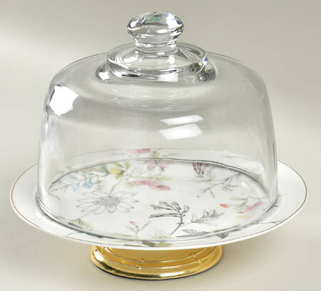 Dragonfly 6 1/2"-7 1/2" Footed Cheese Plate w/ Glass Dome HC