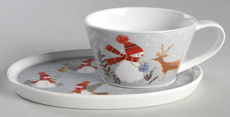 Snowman Deer Snack Plate & Cup Set