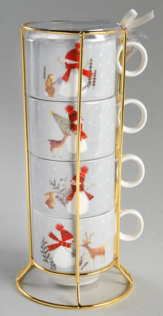 Snowman Deer Stackable Mug - Set of 4 & Metal Holder