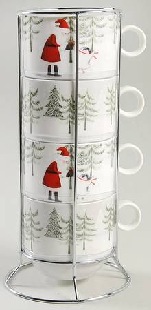 Santa Penguin Stackable Mug - Set of 4 & Metal Holder