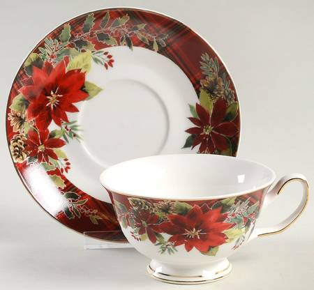 Plaid Poinsettia Footed Cup & Saucer Set