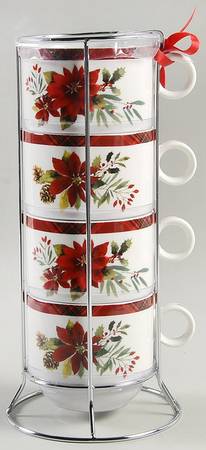 Plaid Poinsettia Stackable Mug - Set of 4 & Metal Holder