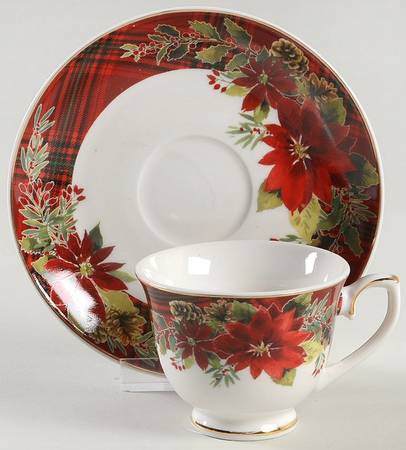 Plaid Poinsettia Footed Demitasse Cup & Saucer Set