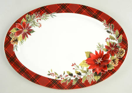 Plaid Poinsettia 14" Oval Serving Platter