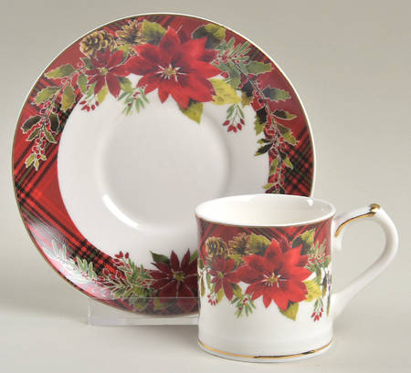 Plaid Poinsettia Flat Demitasse Cup & Saucer Set