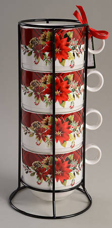 Plaid Poinsettia Stackable Mug - Set of 4 & Metal Rack