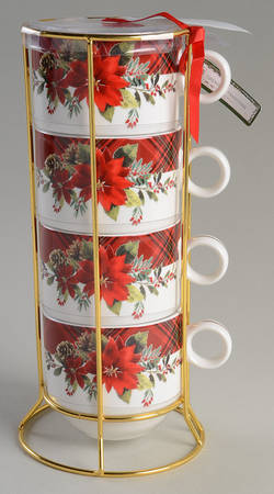 Plaid Poinsettia Stackable Mug - Set of 4 & Metal Rack
