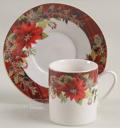 Plaid Poinsettia Flat Demitasse Cup & Saucer Set
