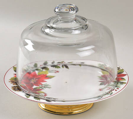 Plaid Poinsettia 6 1/2"-7 1/2" Footed Cheese Plate w/ Glass Dome HC